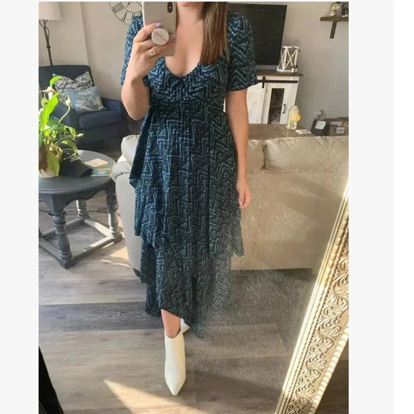 A.L.C. Kylia 100% Silk Blue Black Abstract Pleated Maxi Dress Size 4 - Picture 6 of 13